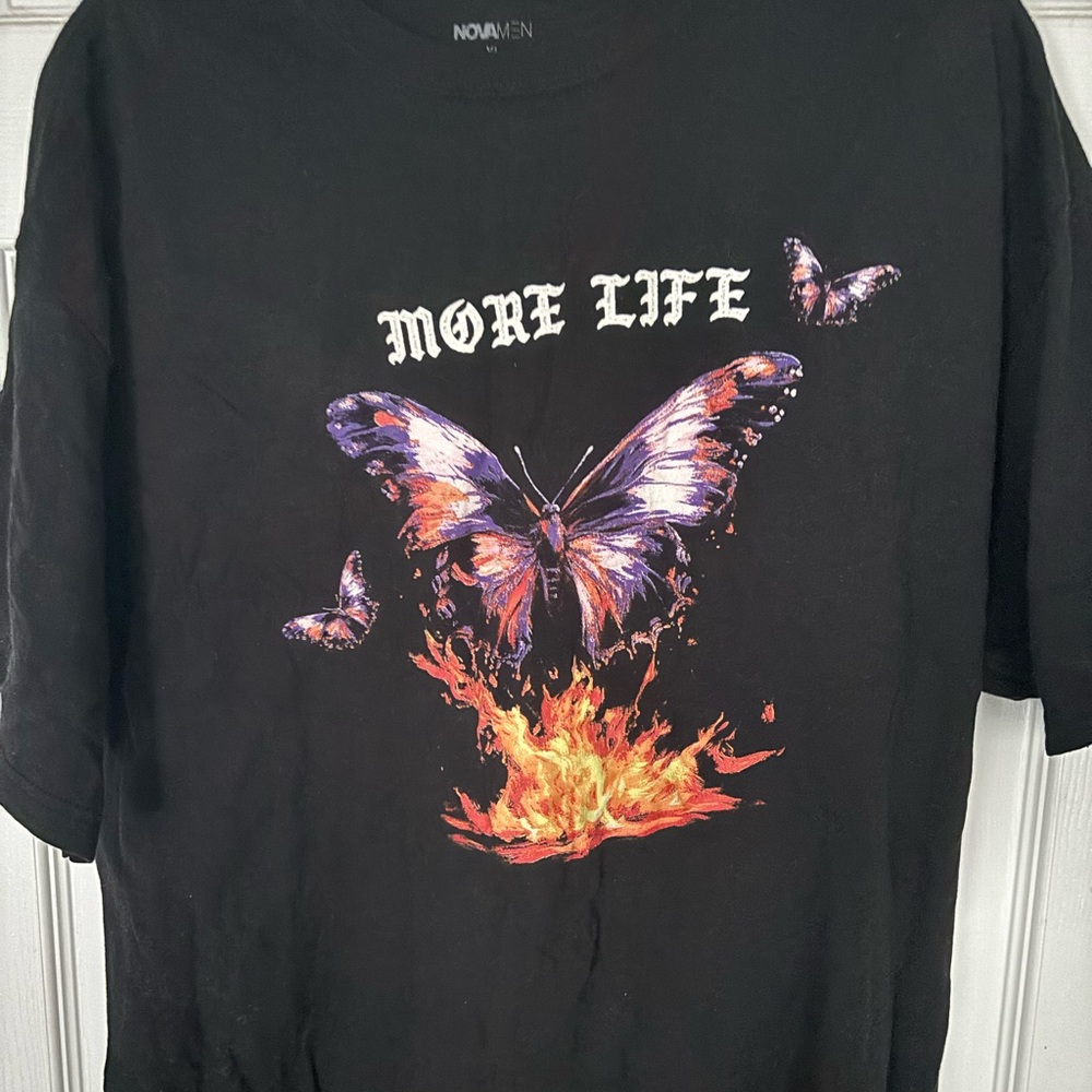 Fashion Nova Black Tee with Purple and Orange Butterfly Design